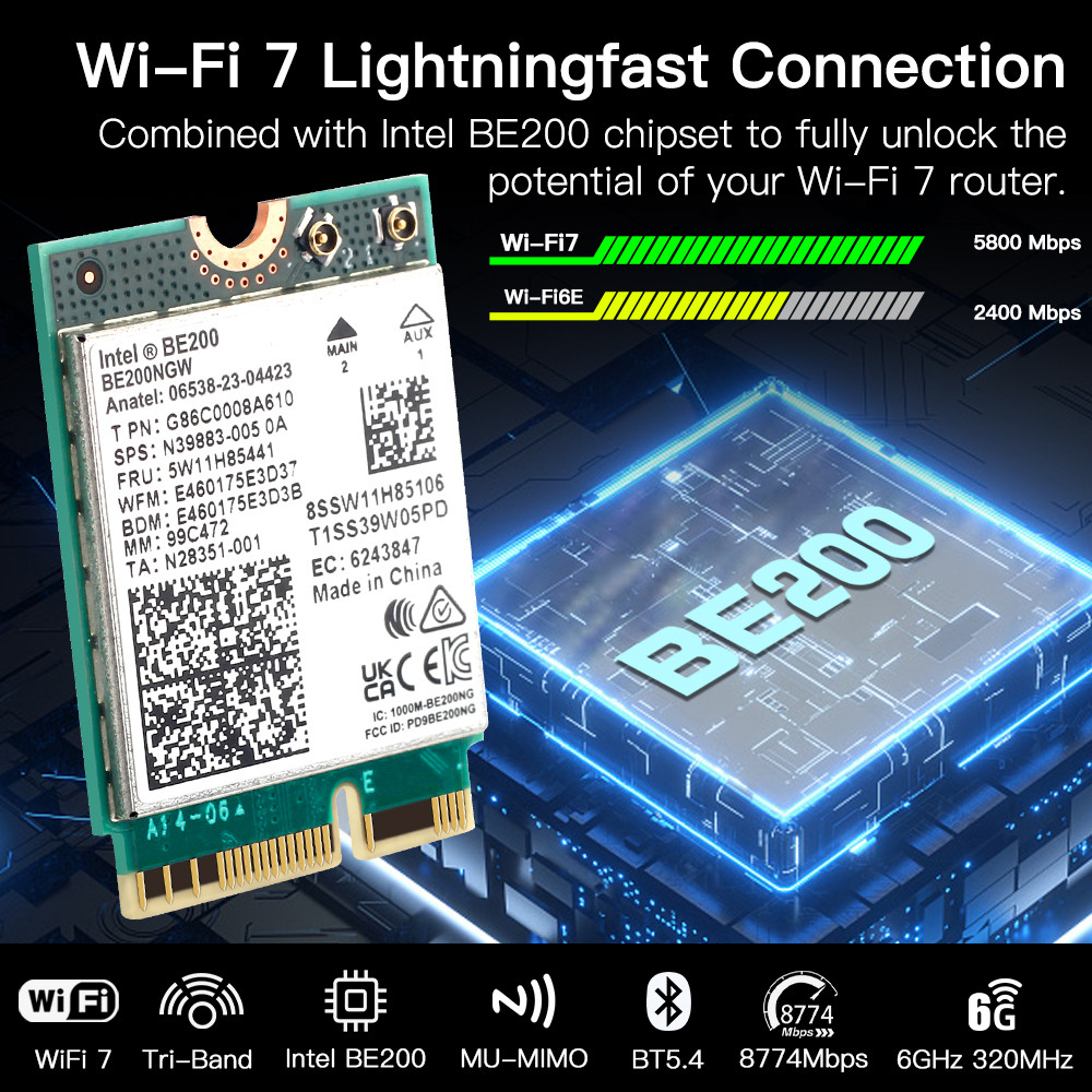 8774Mbps BE200 WiFi 7 M.2 Network Adapter Bluetooth 5.4 for Intel BE200NGW Wifi7 Card Tri Band
