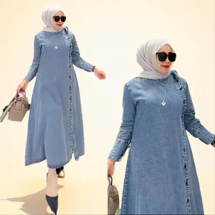 terlaris, best seller Syafina MIDI DRESS TERBARU BAHAN JEANS PREMIUM LD 110 PJ 120 100% ori