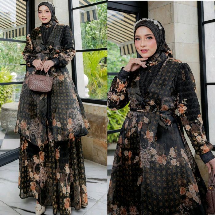 TERLARIS HANIFA SERIES BY HUMAIRA SYARI GAMIS CERUTY PREMIUM OUTER CARDI ORGANZA PRINTING SET