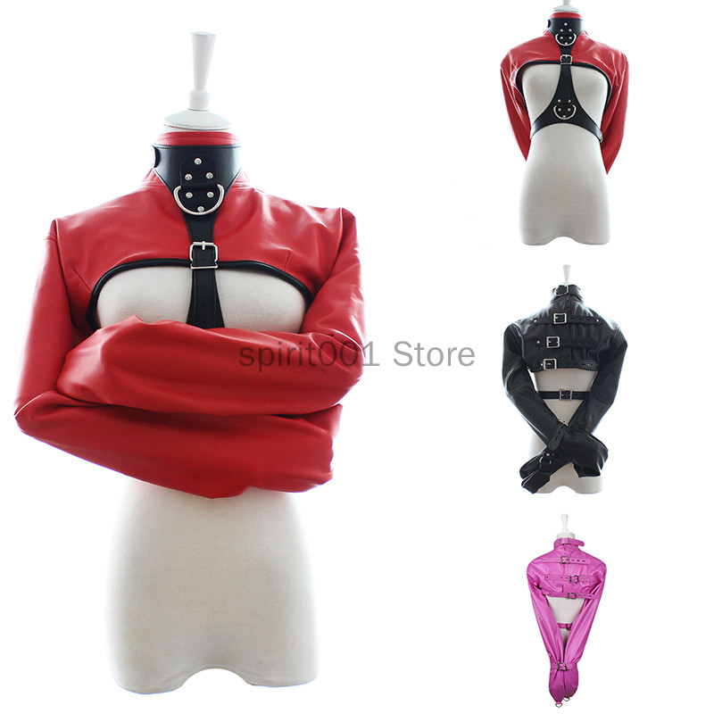 Women Black Red Open Breast Cupless Leather Bondage Strait Jacket Top Women'S Restraint Straight