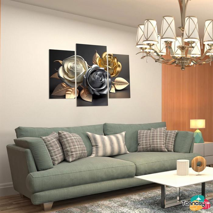 TENNESY Hiasan Dinding 1 Set Bunga Floral Gold and Silver lukisan Flowers Bingkai Foto Wall Decor