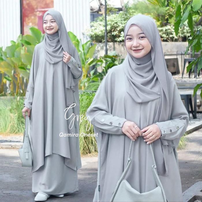 Setelan Rok Anak Tanggung Qamira One Set Baju Atasan Long Tunik Lengan Batwing Gamis Muslim Wanita