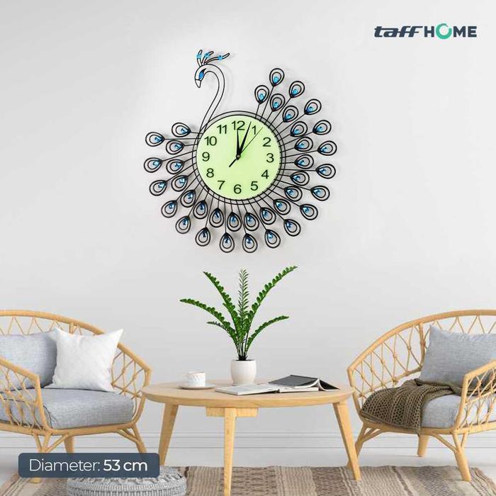 Jam Dinding Klasik Burung Merak Quartz 53cm Menyala di Gelap Hitam