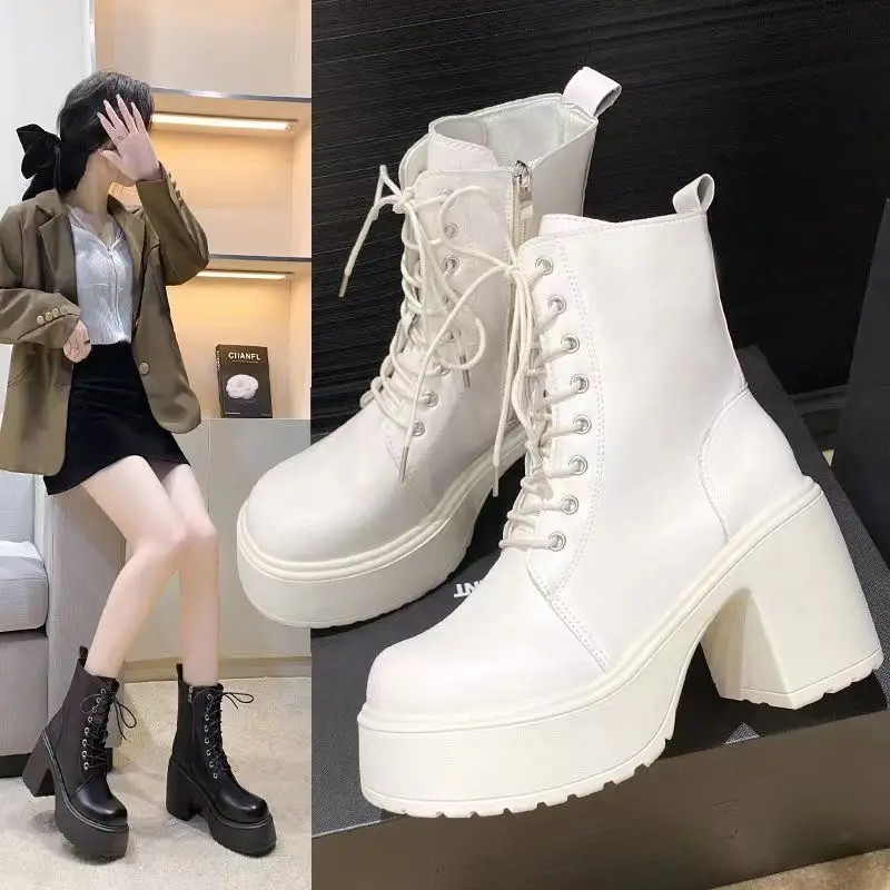 Spring Autumn Women Ankle Boots Waterproof Platform Lace Up Thick Heel Boots Fashion 9Cm High Heel