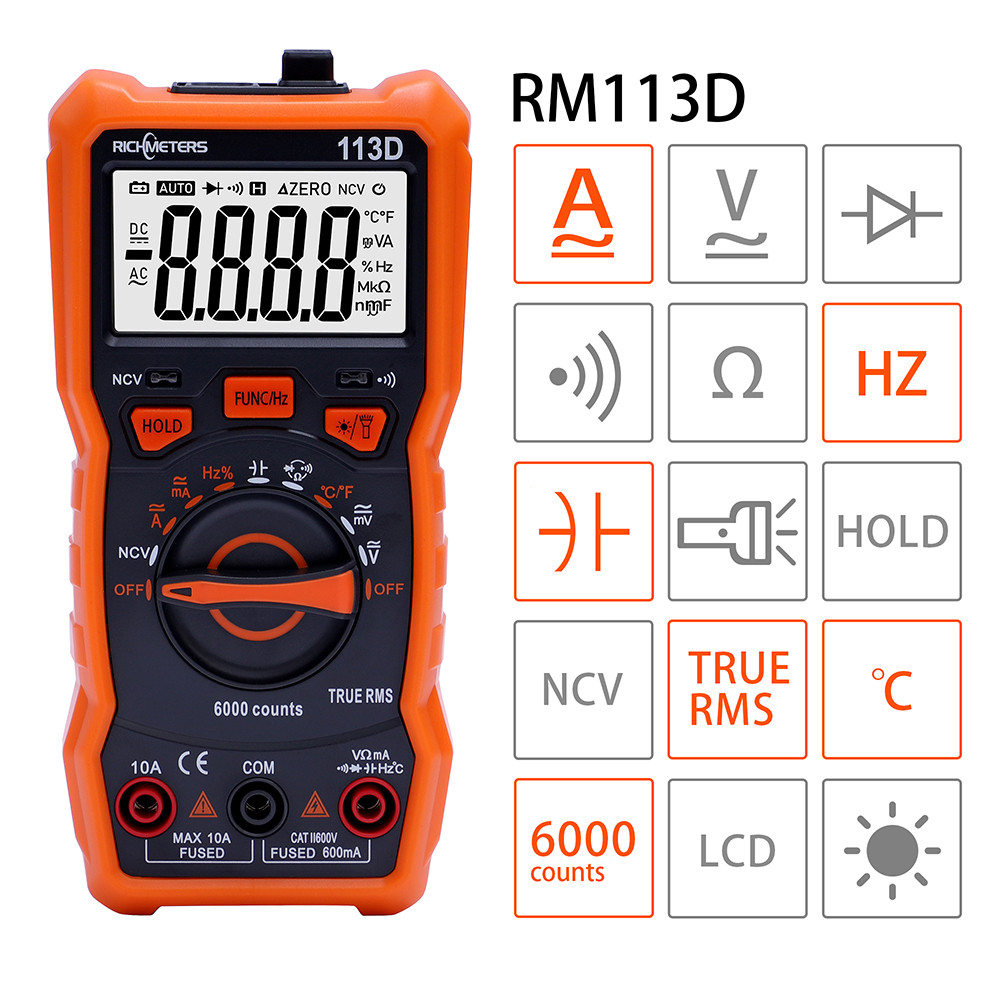 RICHMETERS RM113D NCV Digital Multimeter 6000 Counts Auto Ranging AC/DC Voltage Meter Flash Back