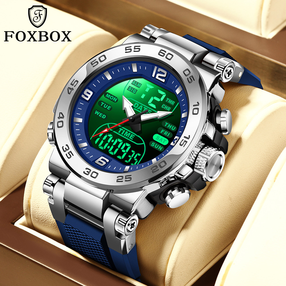 FOXBOX WATCH SPORT LED LIGHT ALARM CLOCK DUAL TIME DISPLAY WATERPROOF ALARM CLOCK LUMINOUS WATCH