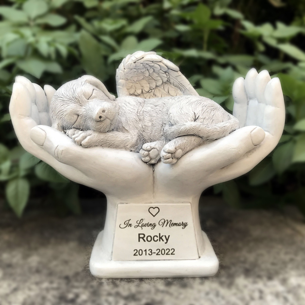 Personalized Dog Pet Grave Markers Memorial Angel Statue Stone with in God's Hands, Dog Pet
