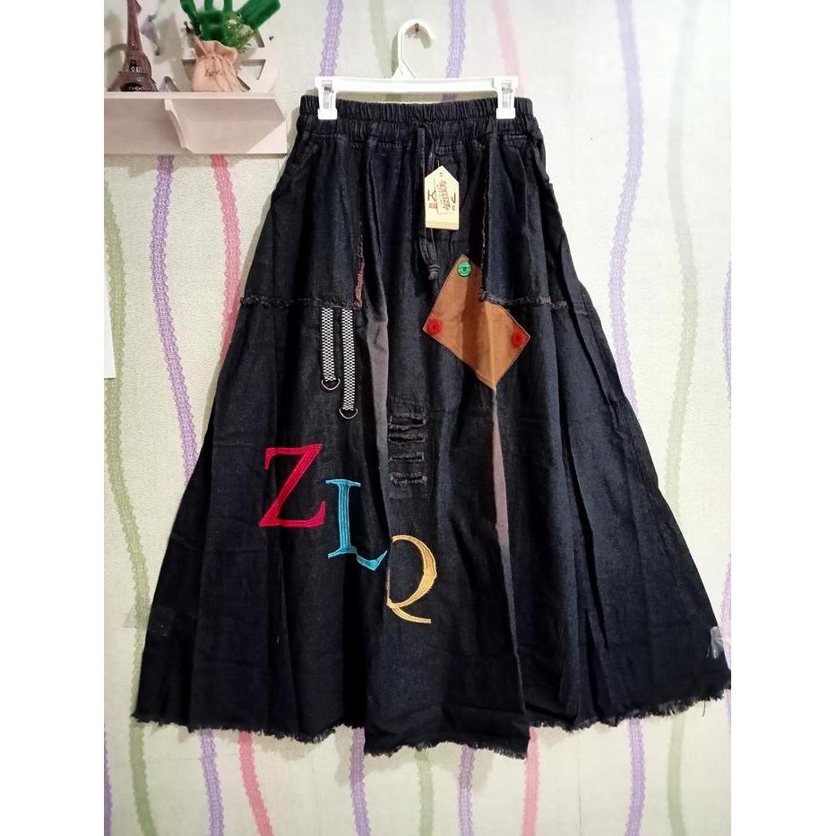 Rok Jeans Jumbo Panjang Bordir Wanita Muslimah Hitam Karet Muslim Maxi