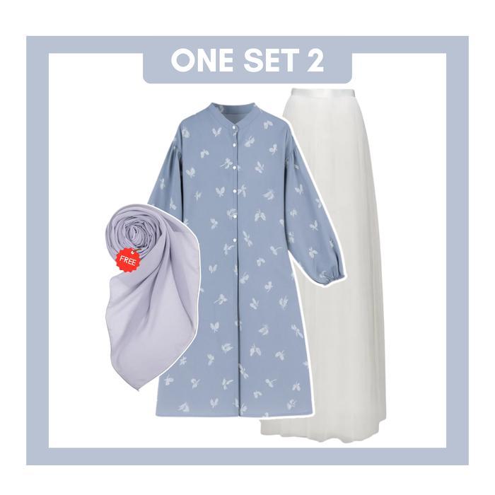 Outfit Hijab Style 1 Set Tunik Motif, Celana, Tas Wanita, Hijab Bella Square Ls168