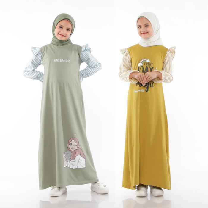 Gamis Anak Perempuan Kaos Muslimah - Dress Anak Tanggung Baju Muslim Panjang Nyaman Motif Salur