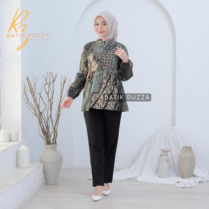 Ruzza Batik Wanita Blouse Atasan Resleting Depan Lengan Panjang Balon S M L Xl Xxl Xxxl Jumbo Baju