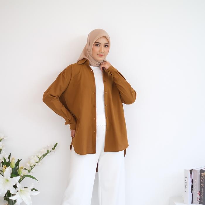 Kemeja Linen Wanita Oversize Long Shirt Olivia Premium Original Putih Polos Baju Katun Panjang