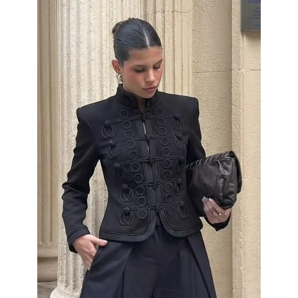 Chic Single Breasted Short Blazer Jacket Women Mandarin Collar Shoulder Pad Long Sleeve Coat 2026