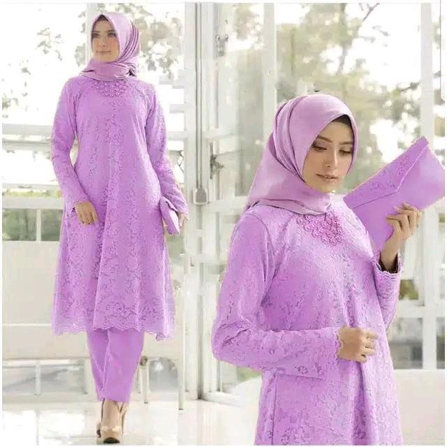 "New" 4 ukuran M L XL XXL / setelan tunik brokat mewah + celana panjang polos / set pesta cantik