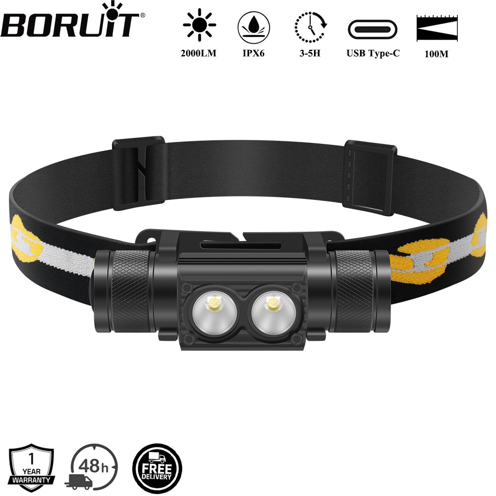 BORUiT D25 Dual LED Headlamp 2000LM Powerful Headlight Type-C Rechargeable 18650 Head Torch