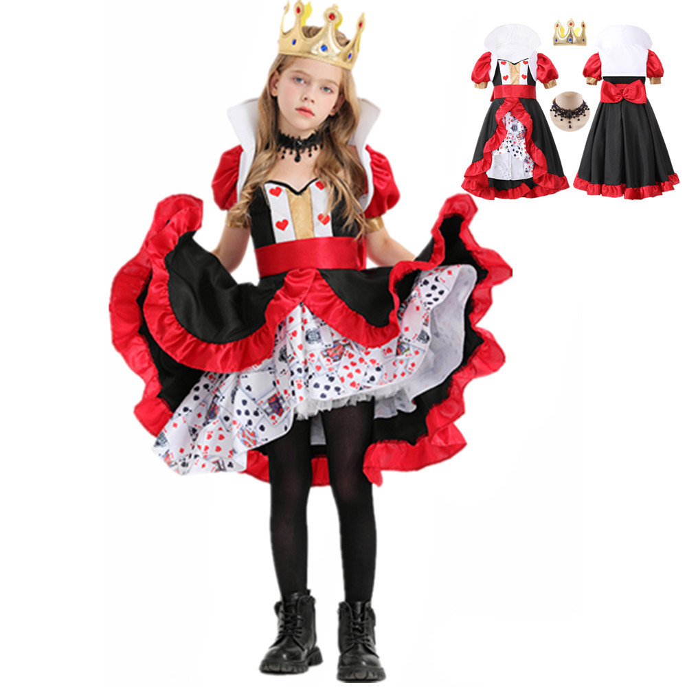Halloween Costumes Girl Queen Dress With Headpiece Suit Queen Of Hearts Costume For Children Kids