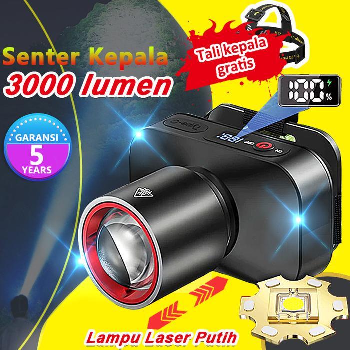 Garansi 10 TahunSENTER KEPALA LED LASER AOKI 80WATT 1300 LUMEN BATERAI 60000MAH - ZOOM JARAK JAUH