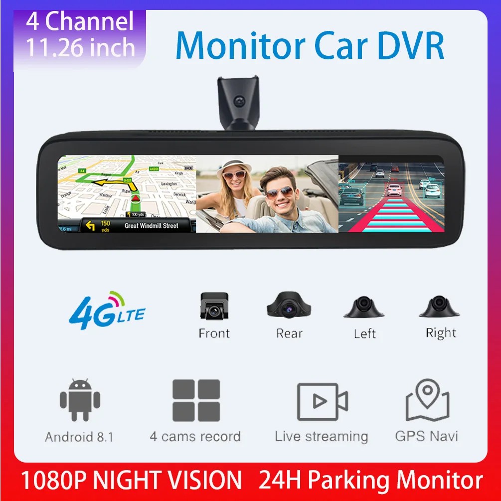 4 Lens 360° 11.25" Mirror Cameras 2GB+32GB Android Dash Cam Support 4G HD 1080P Auto Camera GPS WIFI
