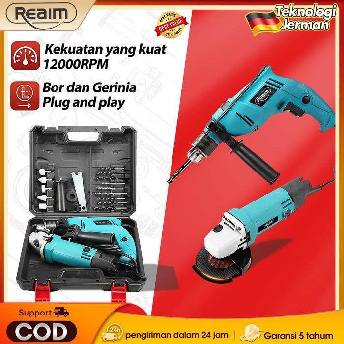 REAIM Paket Promo Mesin Bor dan Gerinda, Mesin Gerinda Tangan dan Mesin Bor Listrik 13mm, Set