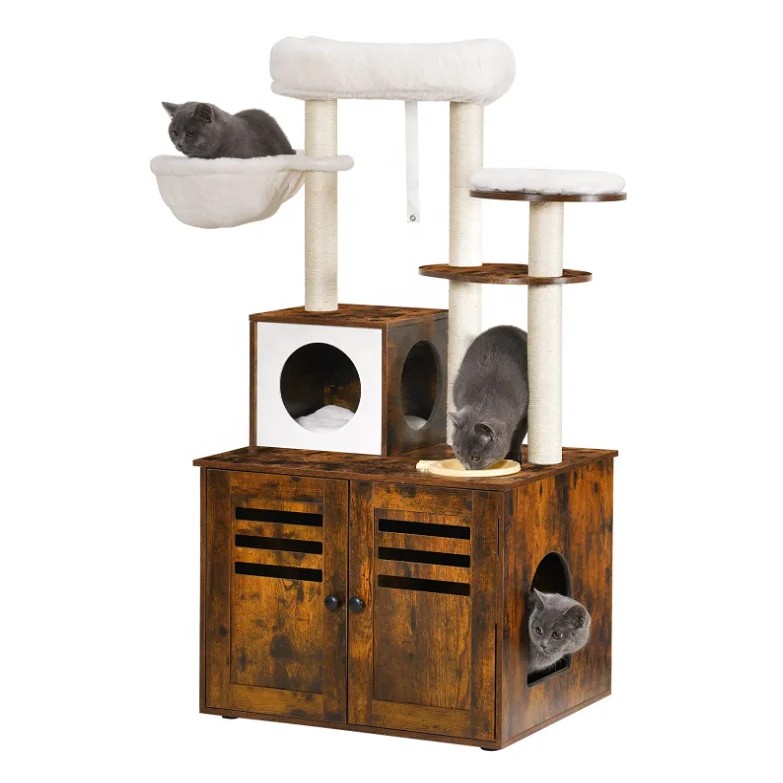 Cat Tree Wood Box Enclosure All-In-One Indoor Cat Furniture With Large Platform And Condo Cat Tower