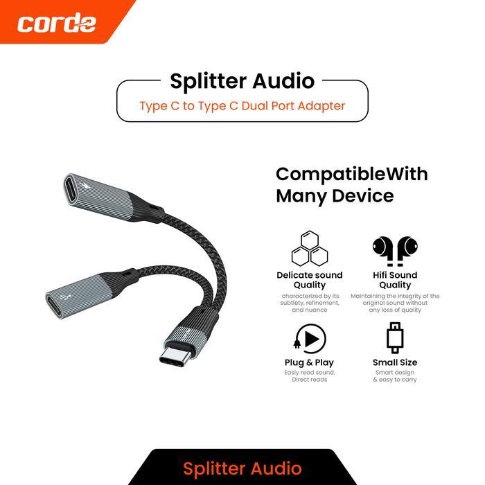Corde Type C Audio Splitter & 60W Charger: Dual Type C Csa103