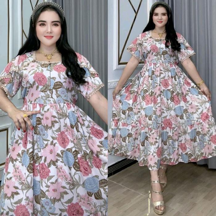 Baju Wanita Orina List Renda Pakaian Dress Katun Rayon Busui Resleting Depan Rempel