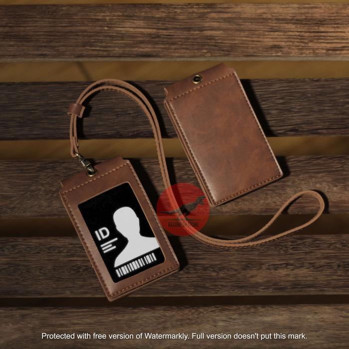 "New" Lanyard Kulit Magnet ID Card Holder Magnet Name Tag Kulit FRONT COKLAT