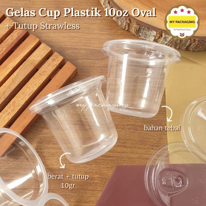 My Packaging Gelas Cup Plastik Tebal 10oz Oval + Tutup Strawless 50 Set Bahan PP Berkualitas Cocok