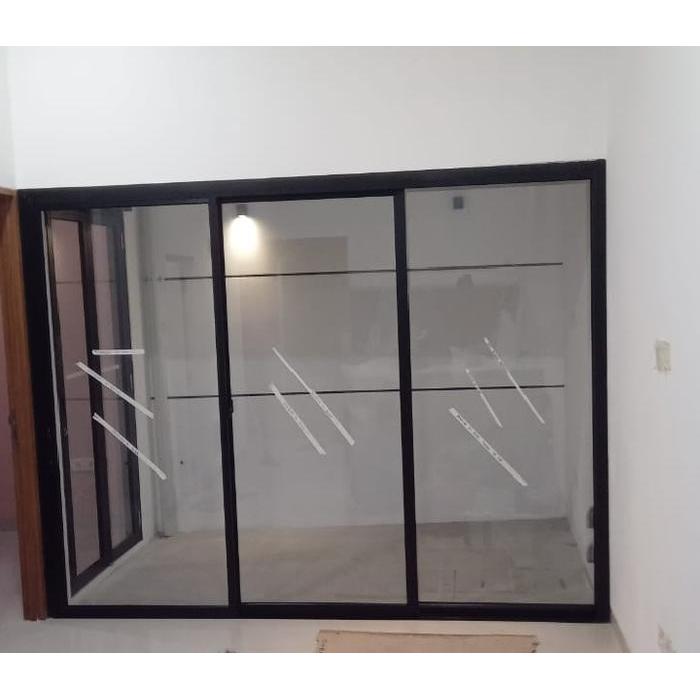 YKK Pintu Sliding / Pintu Geser Aluminium 3 Daun Kusen 3 inch Kaca Riben 5 mm Free Pemasangan &