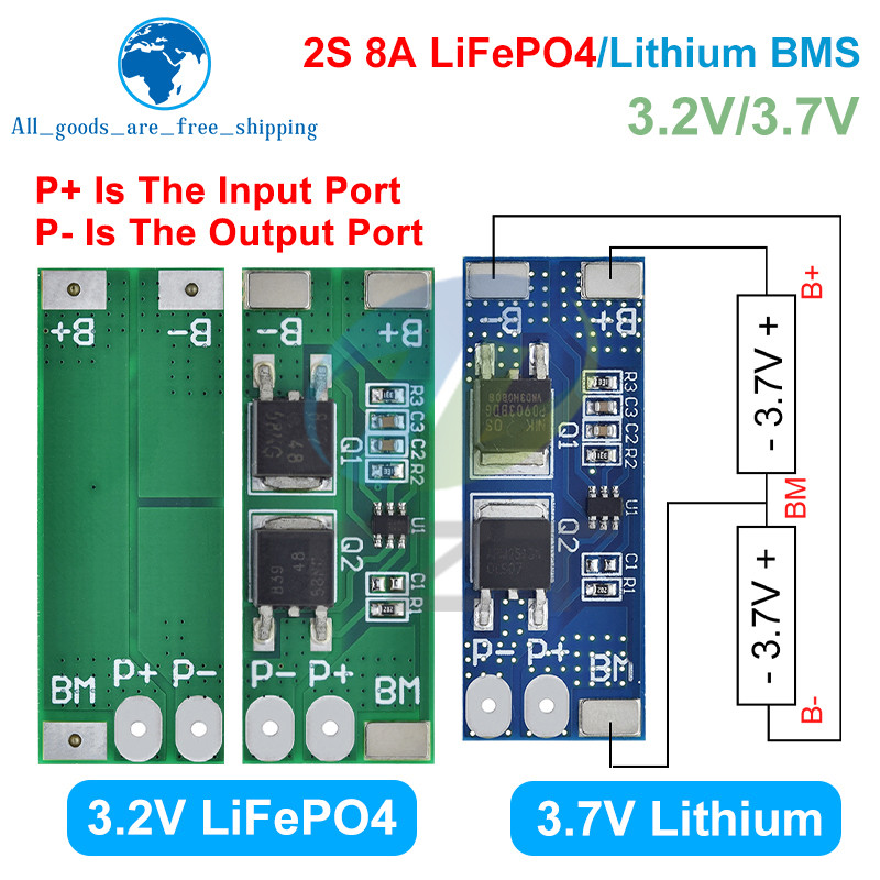 1/5Pcs Bms 2S 3.2V 3.7V 8A Lifepo4 / Lithium Battery Charge Protection Board 15A Peak Current 6.4V