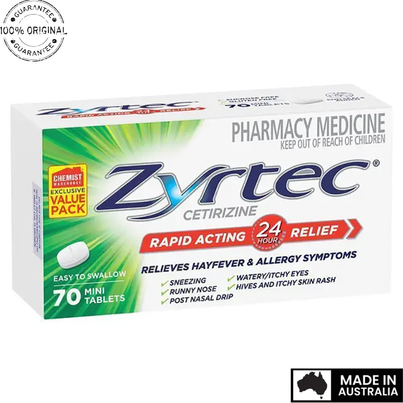 Aussie Original Zyrtec Rapid Acting Antihistamine Allergy & Hayfever Mini Tablets 70 Pack