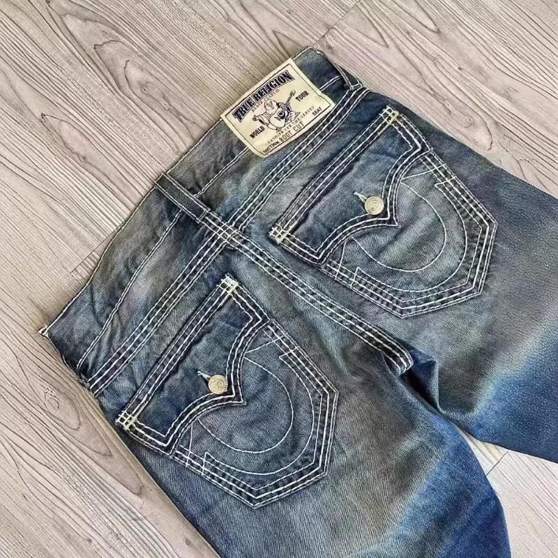 American High Street Style Men's Jeans White Thick Line Big Buddha Religion Straight Leg Casual