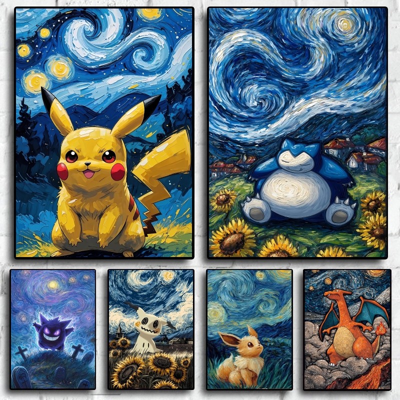 Pikachu Snorlax Van Gogh Themed Art Decorative Painting with Soft Colors and Cute Characters It