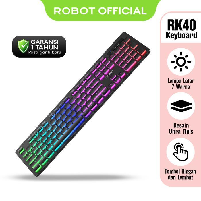 Robot RK40 Keyboard Komputer Wired Ultra Tipis dengan Latar Lampu 7 Warna Keyboard Kabel Computer