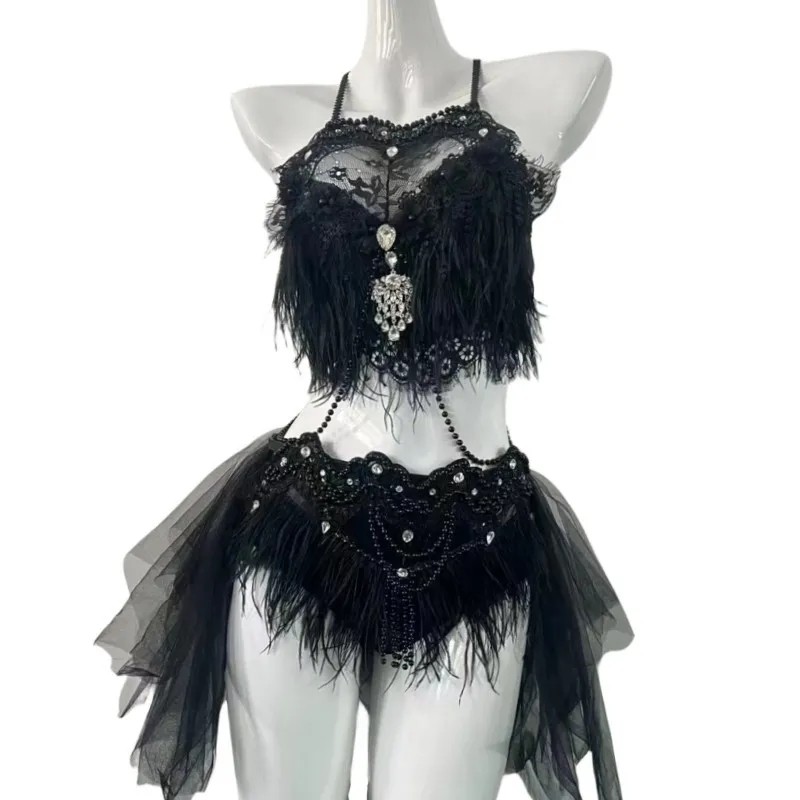 Sexy Club Nightclub DJ Gogo Party Rave Outfit Dancer Stage Performance Costume Black White Feather