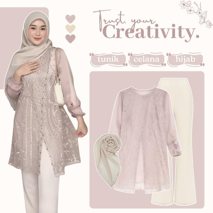 Outfit Kondangan Cewek Terbaru ( Tunik Brukat Silang - Celana - Hijab ) Setelan Wanita Kekinian -