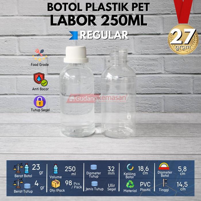 BOTOL PLASTIK 250ML PET LABOR TUTUP SEGEL WARNA WARNI