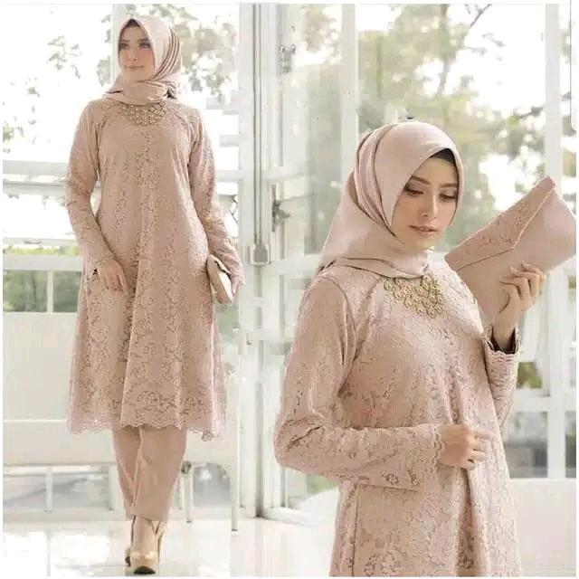 "New" 4 ukuran M L XL XXL / setelan tunik brokat mewah + celana panjang polos / set pesta cantik
