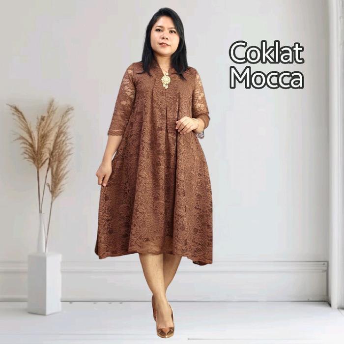 Ryuca - Dress Pesta Brukat Silvana Wanita Gaun Brokat V-Neck A-Line