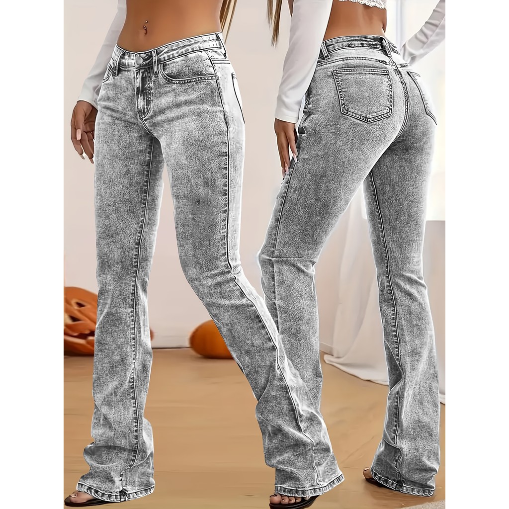 Fashion Women's Gray Low-Rise Slim Fit Bootcut Jeans, Y2K Style, Snow Wash, Streetwear Elegant Denim