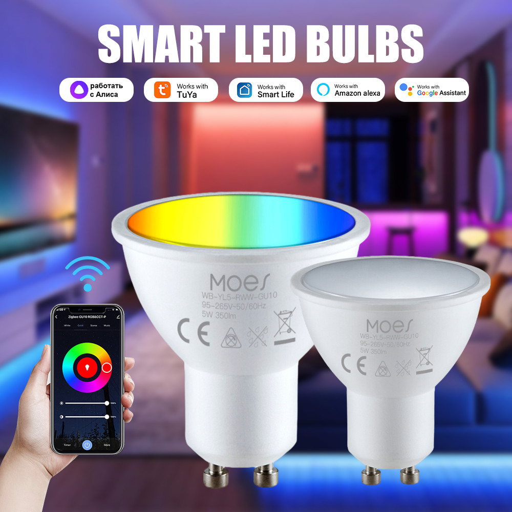 Tuya WiFi Smart LED GU10 Bulbs RGBW C W White 5W Dimmable Lamps Smart Life/Tuya Remote Control GU10 