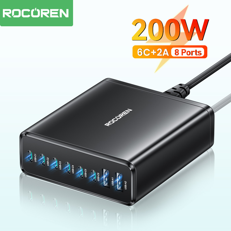 Rocoren 200W 8 In 1 USB Charger Ultra Fast Charging Type C Charger Desktop PD Quick Power Station