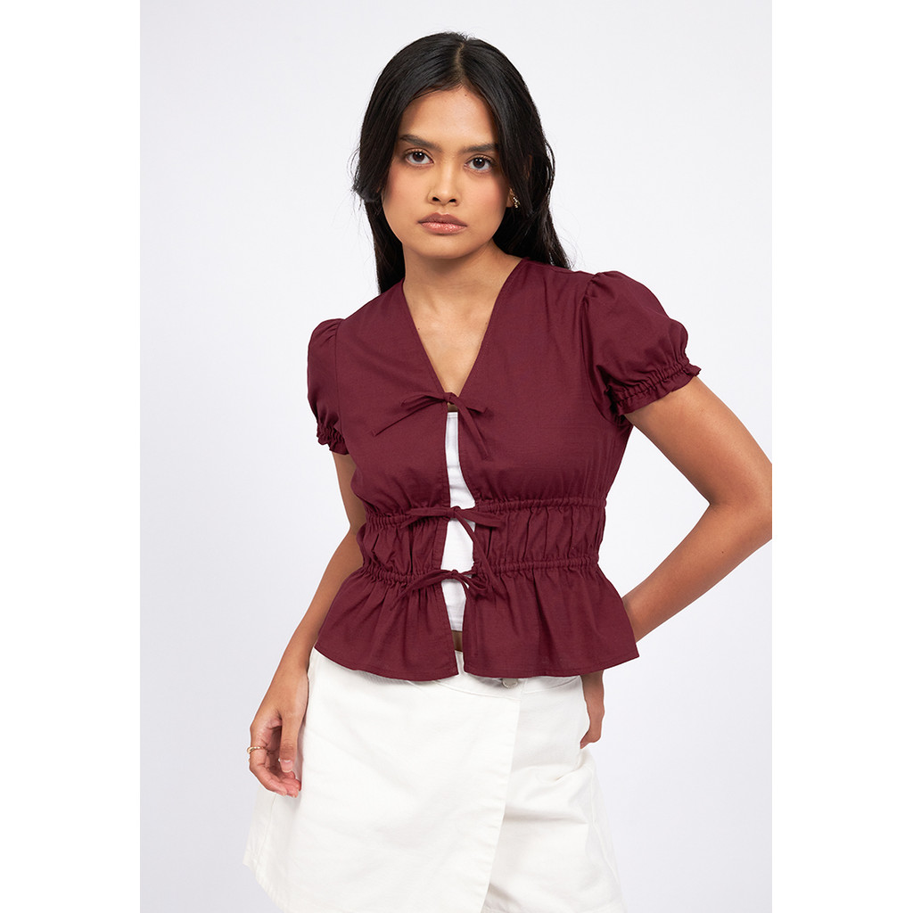 COLORBOX V-Neck Puff Sleeve Open Top Dark Red