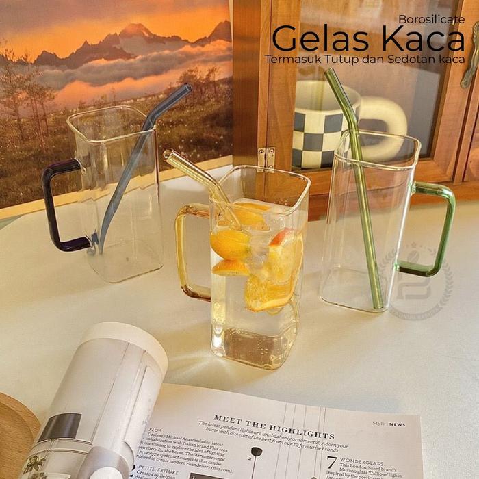 Square High Ball Glass Gelas Kaca Pegangan Warna Dengan Sedotan Lucu