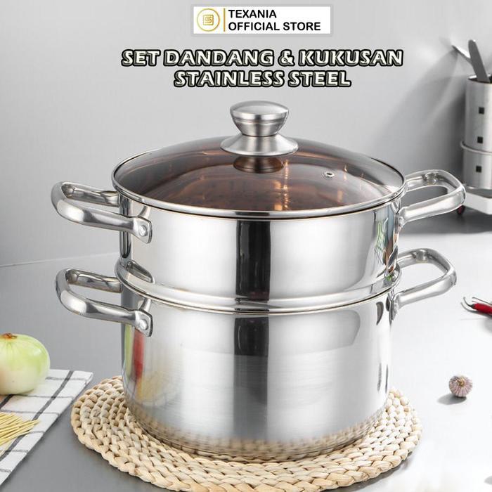 TEXANIA Panci Kukusan Serbaguna Set Dandang dan Kukusan 2 Susun Full Stainless Steel 24cm
