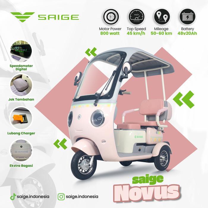SAIGE SEPEDA LISTRIK RODA TIGA NOVUS Desain Retro Modern dengan Kanopi & Kaca Depan Motor 800 Watt K