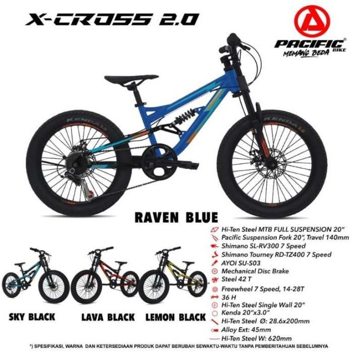 Sepeda Anak MTB 20 Pacific Xcross Suspensi Per Rem Disc Depan Belakang - RAVEN BLUE