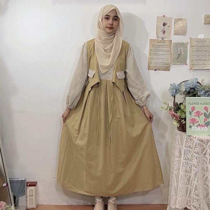 Errie Linen Dress Midi Korean Style Gamis Rompi Remaja By Studhijabstore