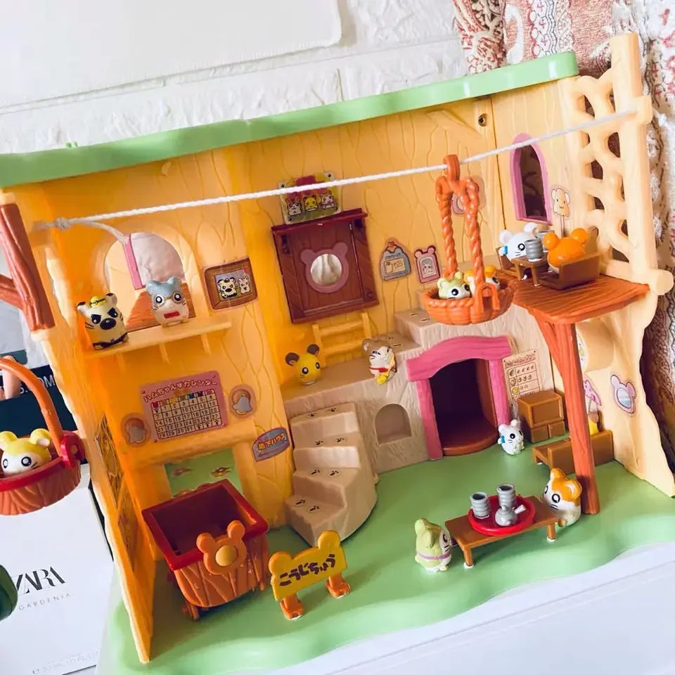New Cute Japan Anime Hamtaro Bijou Basement Hamster House Figure El Toys With 12Pcs Doll Set Kids