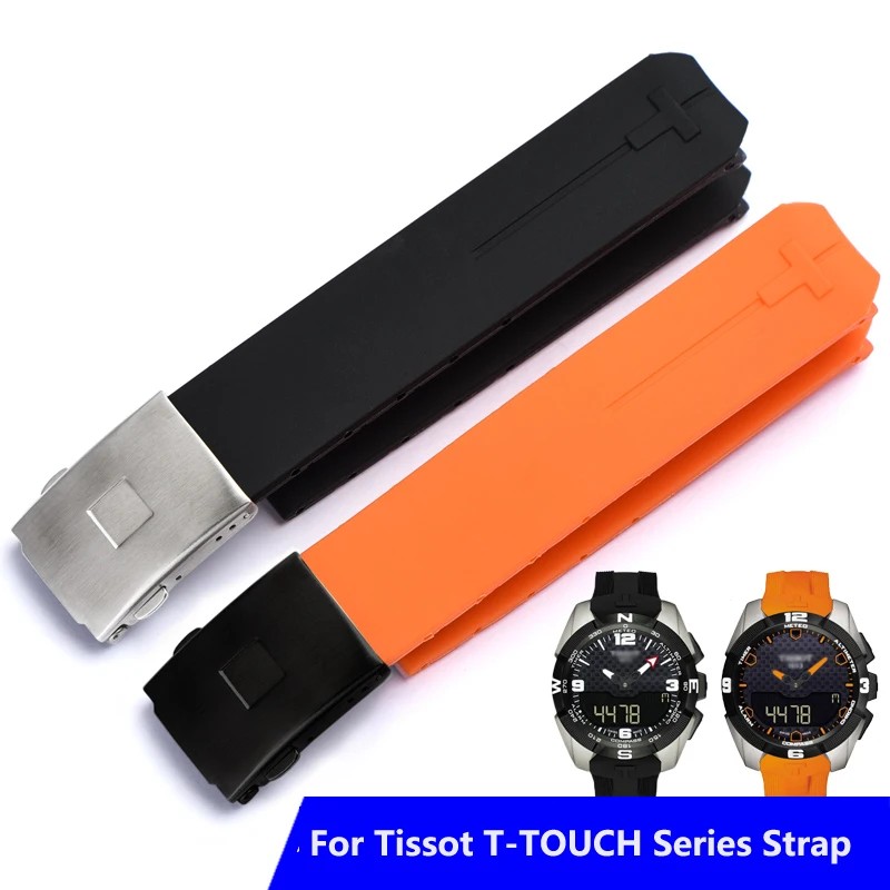 For Tissot T-Touch T013 T047 20Mm Soft Silicone Rubber Watch Band Black Orange Sport Waterproof